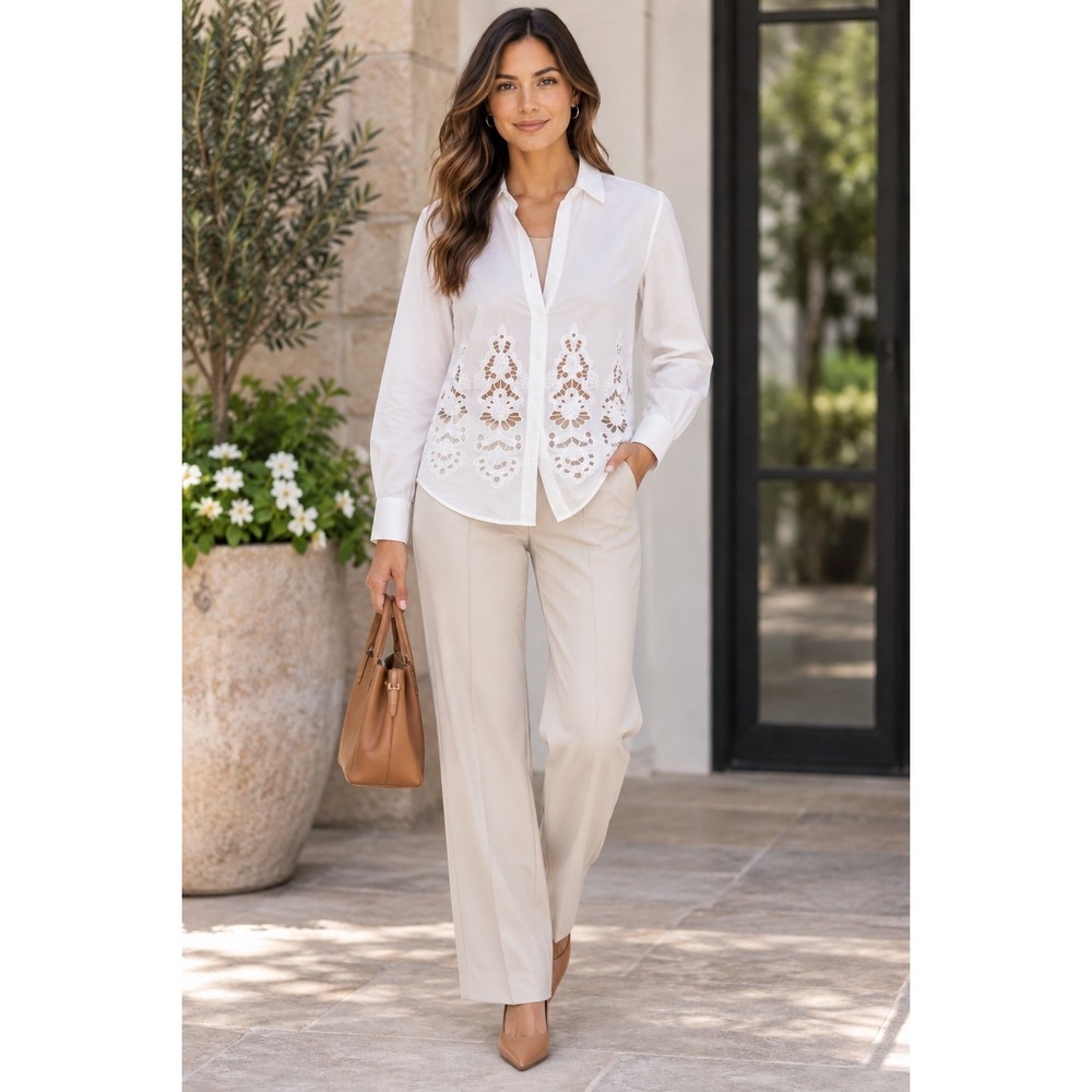 Theory Women S White Eyelet Embroidered Button Down Shirt Cutout Floral Blouse